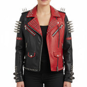 model-front-closed - Women's Black and red spikes Zipper Real Cowhide Motorbike Leather Jacket