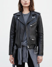 model-front-closed - Women's Black Leather Biker Jacket