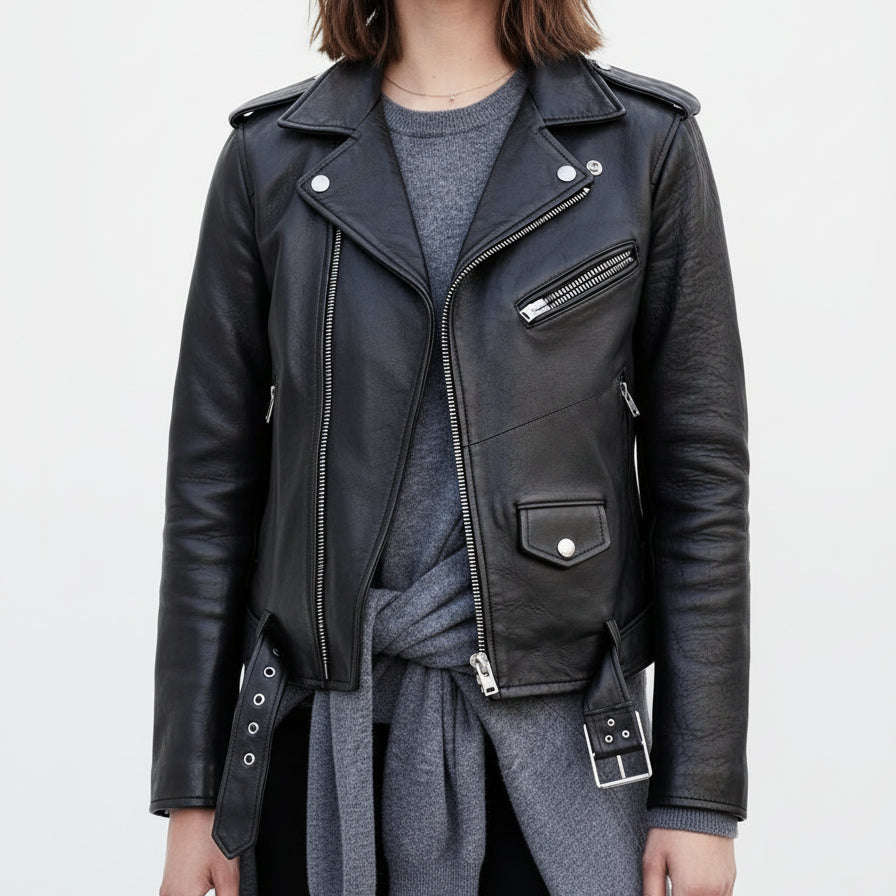 model-front-closed - Women's Black Leather Biker Jacket