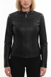 model-front-closed - Women's Cafe Racer Leather Jacket, Women's Biker Jacket, Leather Moto Jacket, Handmade Leather Jacket