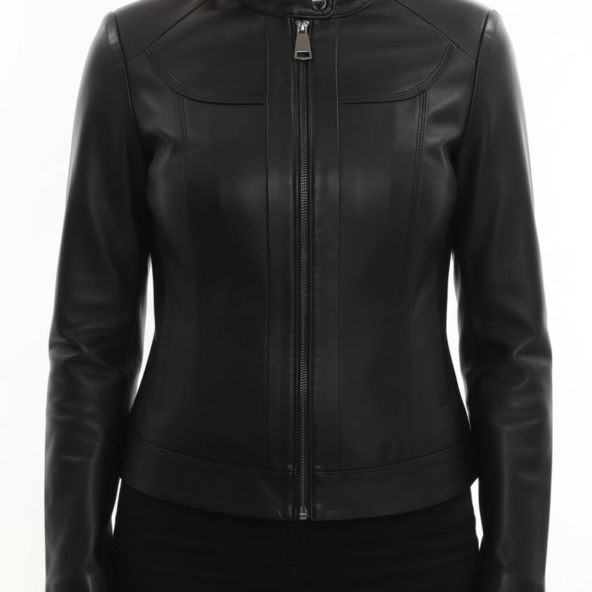 model-front-closed - Women's Cafe Racer Leather Jacket, Women's Biker Jacket, Leather Moto Jacket, Handmade Leather Jacket