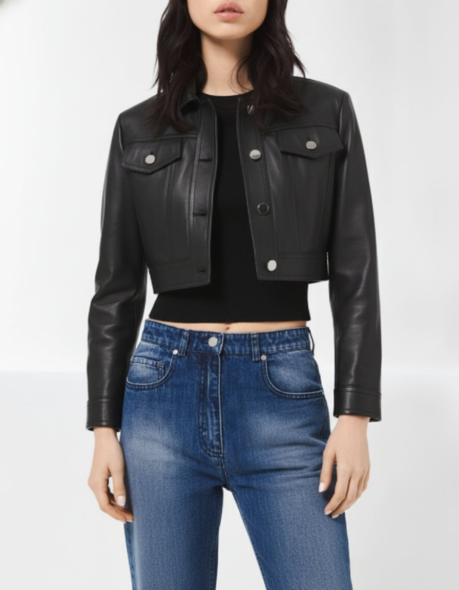 model-front-closed - Women's Cropped Black Leather Jacket with Buttoned Closure