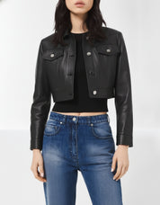 model-front-closed - Women's Cropped Black Leather Jacket with Buttoned Closure