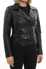 model-front-closed - Women's Moto Leather Jacket, Biker Jacket, Leather Motorcycle Jacket, Women's Leather Moto Jacket