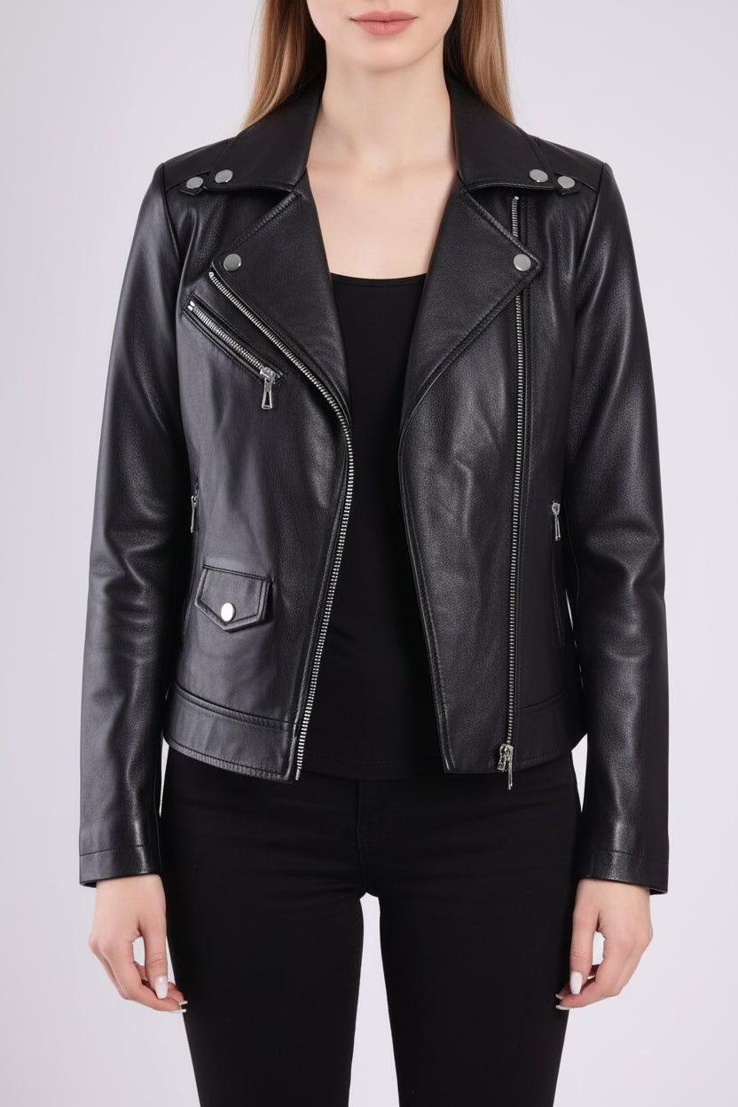 model-front-closed - Women's Moto Leather Jacket, Biker Jacket, Modern Motorcycle Jacket, Tailored Leather Jacket