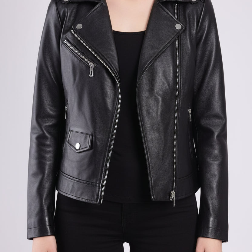 model-front-closed - Women's Moto Leather Jacket, Biker Jacket, Modern Motorcycle Jacket, Tailored Leather Jacket