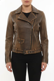 model-front-closed - Women's Moto Leather Jacket, Distressed Biker Jacket, Handmade Motorcycle Jacket, Vintage Leather Jacket