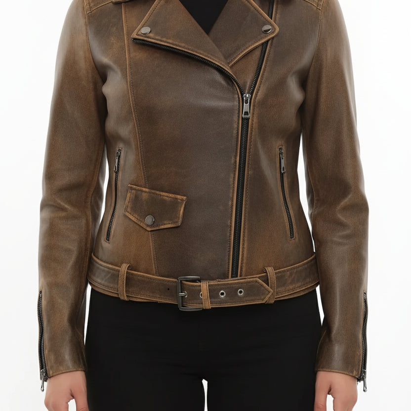 model-front-closed - Women's Moto Leather Jacket, Distressed Biker Jacket, Handmade Motorcycle Jacket, Vintage Leather Jacket