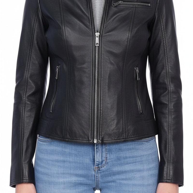 model-front-closed - Women's Moto Leather Jacket, Women's Motorcycle Jacket, Women's Biker Jacket, Women's Leather Jacket