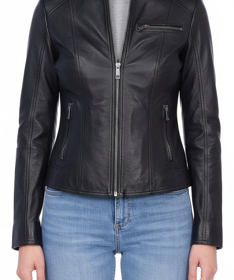 model-front-closed - Women's Moto Leather Jacket, Women's Motorcycle Jacket, Women's Biker Jacket, Women's Leather Jacket