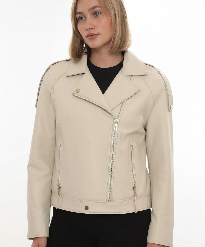 model-front-closed - Women's Moto Leather Jacket, Women's Motorcycle Jacket, Women's Biker Jacket, Women's Leather Jacket