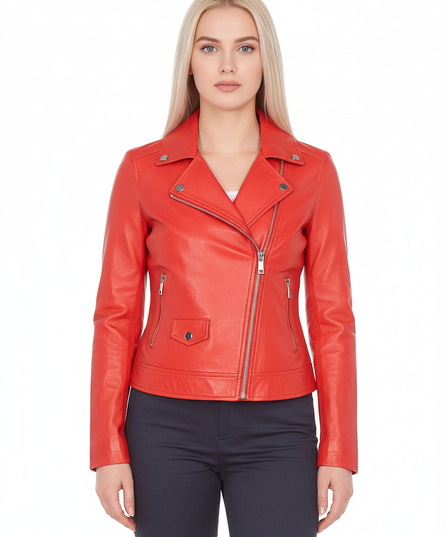 model-front-closed - Women's Moto Leather Jacket, Women's Motorcycle Jacket, Leather Biker Jacket, Women's Leather Moto Jacket