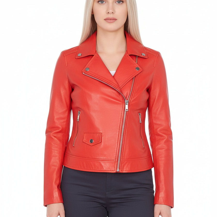 model-front-closed - Women's Moto Leather Jacket, Women's Motorcycle Jacket, Leather Biker Jacket, Women's Leather Moto Jacket