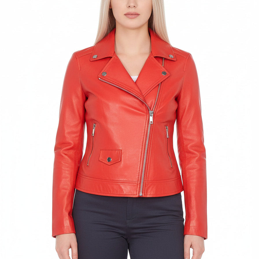 model-front-closed - Women's Moto Leather Jacket, Women's Motorcycle Jacket, Leather Biker Jacket, Women's Leather Moto Jacket