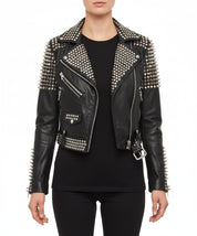 model-front-closed - Women's Studded Biker Leather Jacket in Punk Rock Style