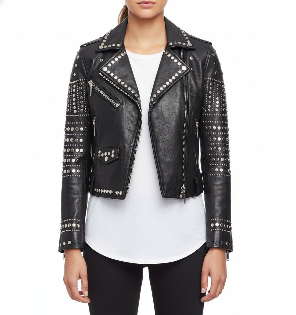 model-front-closed - Women's Stylish Black Leather Jacket with Silver Studs