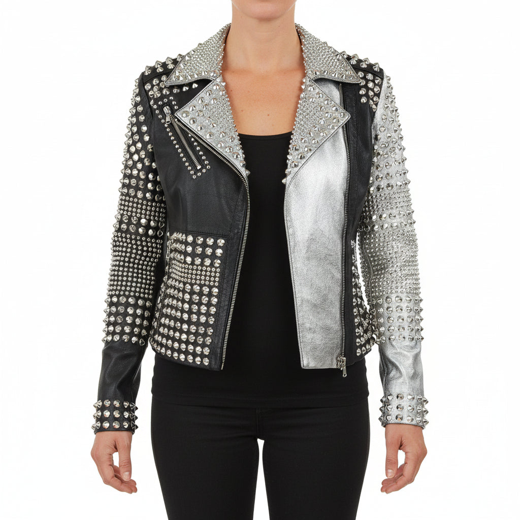 model-front-closed - Women's Two Tone Punk Studded Leather Motorbike Jacket