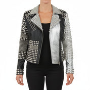 model-front-closed - Women's Two Tone Punk Studded Leather Motorbike Jacket