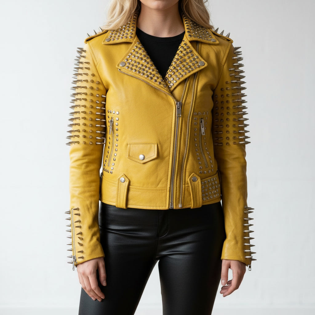 model-front-closed - Women's Yellow Studded Spiked Cowhide Moto Jacket