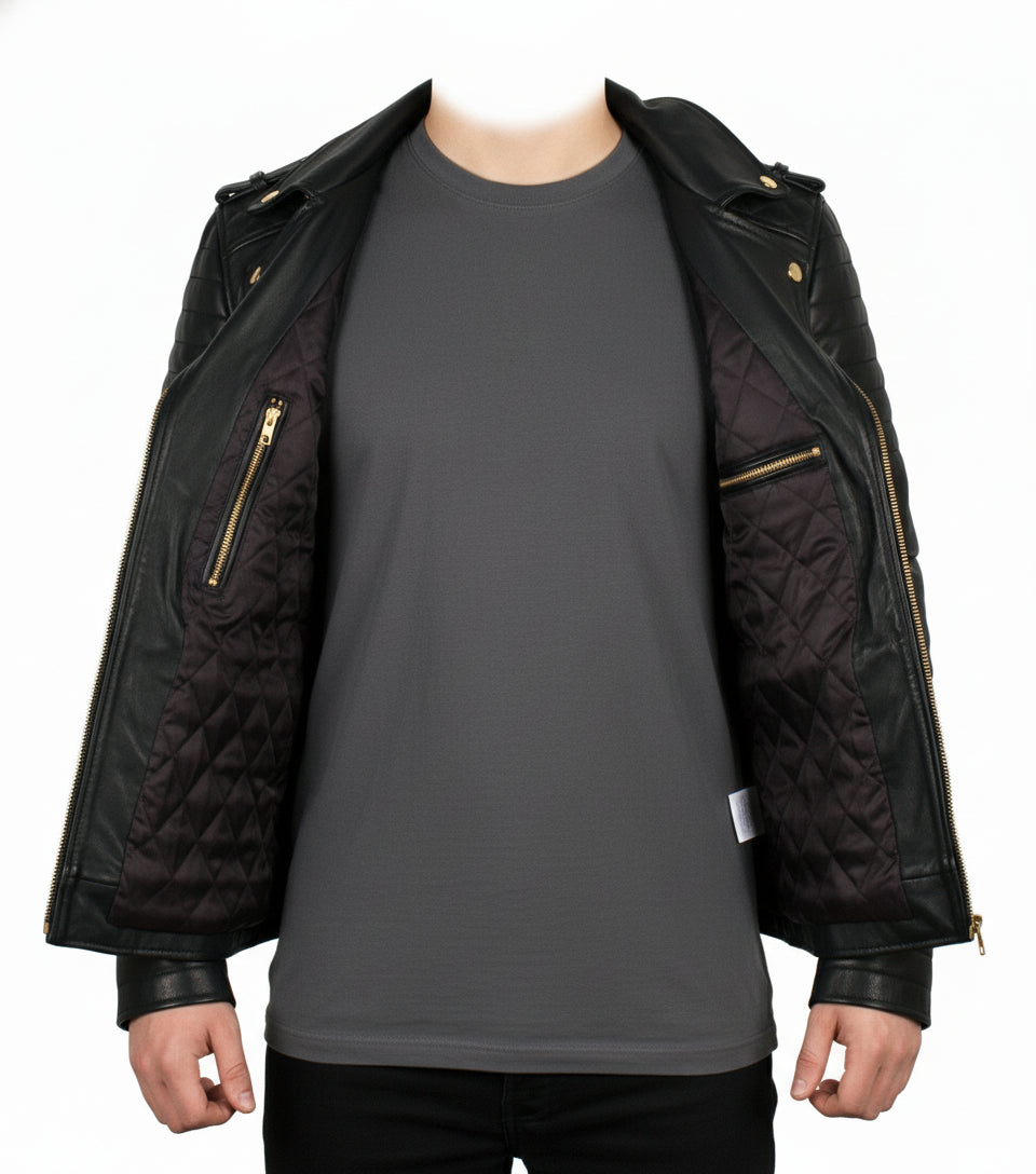 model-front-open - Black Biker Leather Jacket For Mens, Mens Fashion Leather Jacket