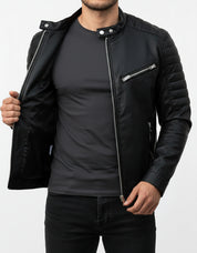 model-front-open - Black Color slim fit Leather Jacket for Mens, Genuine Leather Jacket