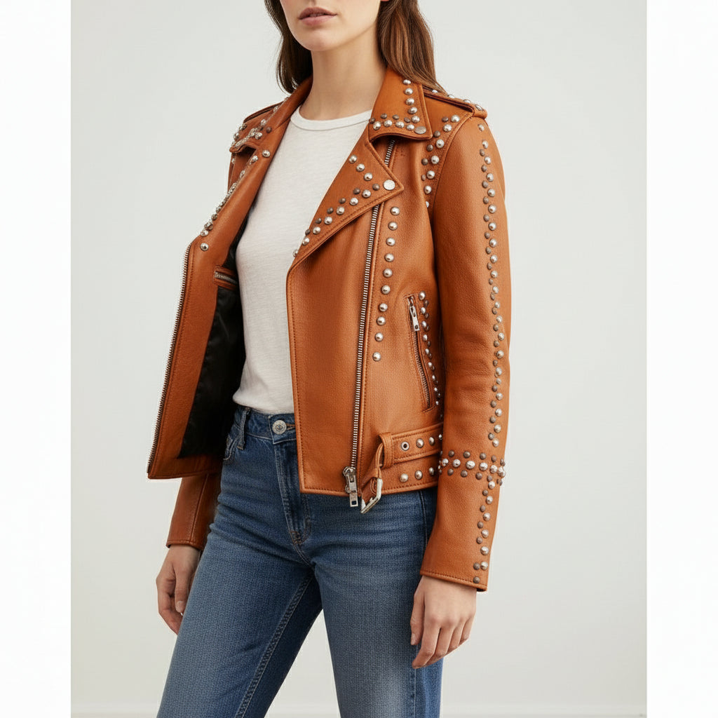 model-front-open - Gothic Women Brown Leather Studded Jacket, Rock Style Fashion Jacket