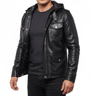 model-front-open - Handmade Mens Black Biker hooded leather jacket, Black sheep leather jacket