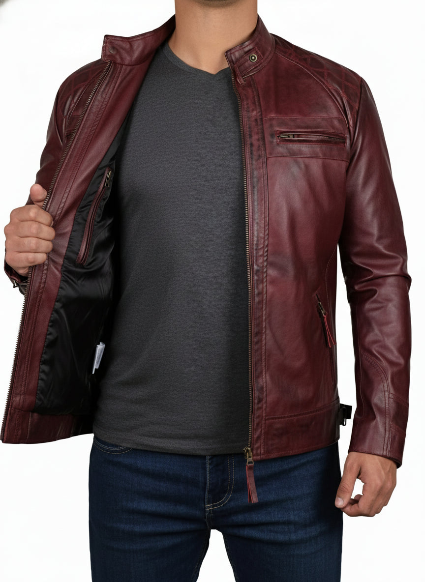 model-front-open - Maroon Leather Biker Jacket for Men,Leather Fashion Jacket, Racers Jacket