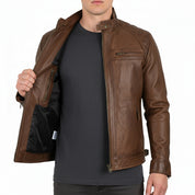 model-front-open - Men Antique Brown Leather Jacket, Brown Biker Leather Jacket