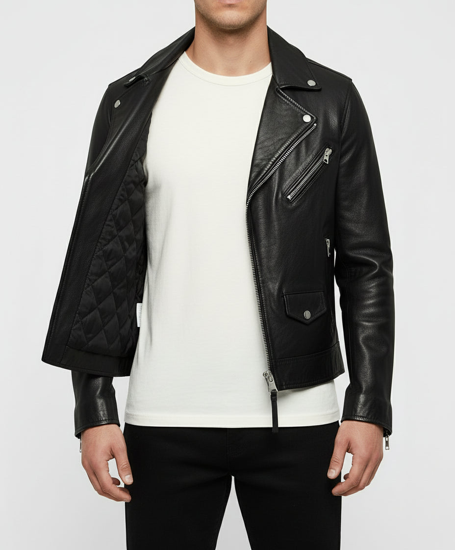 model-front-open - Men black biker leather Jacket, Men motorcycle jacket, biker jacket for men