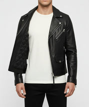 model-front-open - Men black biker leather Jacket, Men motorcycle jacket, biker jacket for men