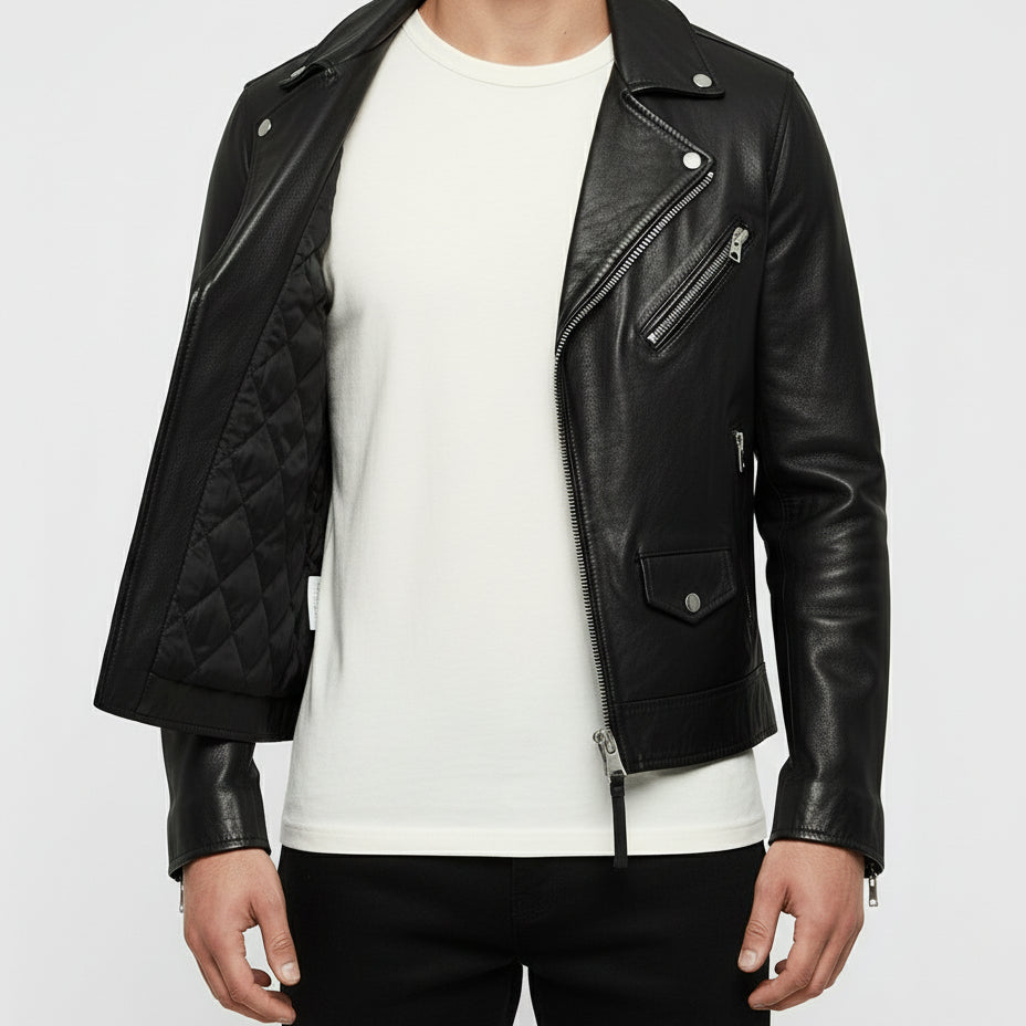 model-front-open - Men black biker leather Jacket, Men motorcycle jacket, biker jacket for men