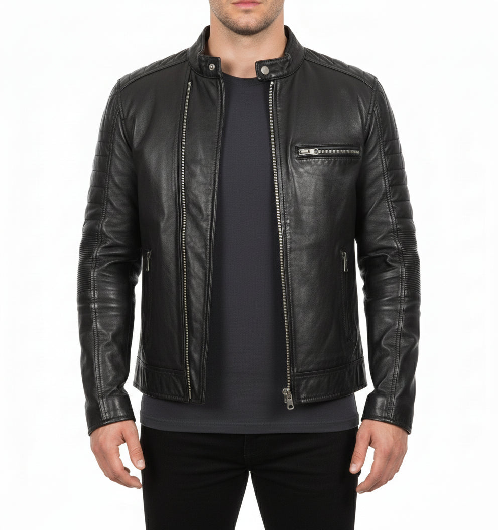 model-front-open - Men black brando leather jacket, Black biker jacket, Motorcycle jacket mens
