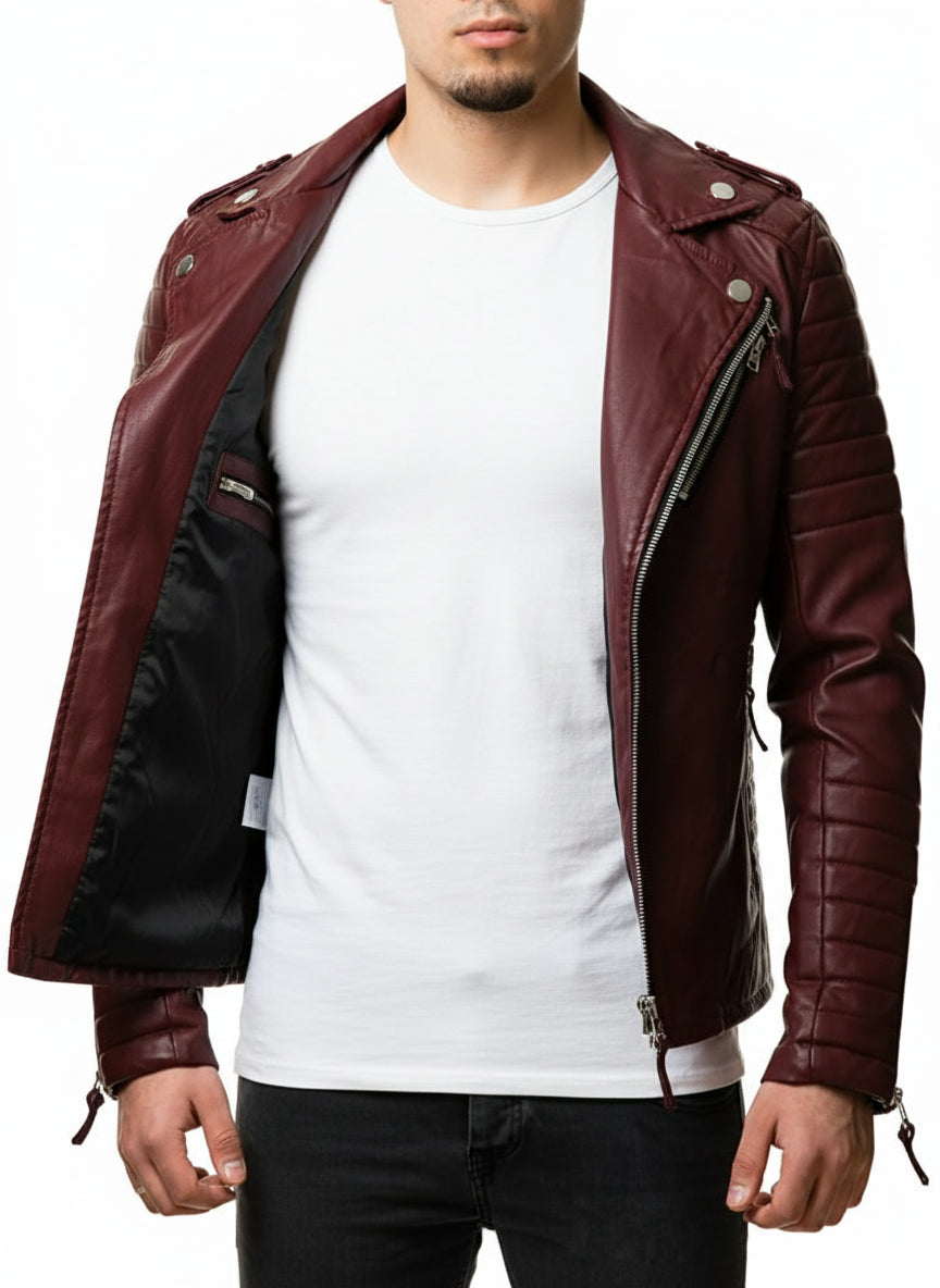 model-front-open - Men Maroon color Fashion leather Jacket, quilted leather jacket