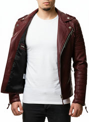 model-front-open - Men Maroon color Fashion leather Jacket, quilted leather jacket