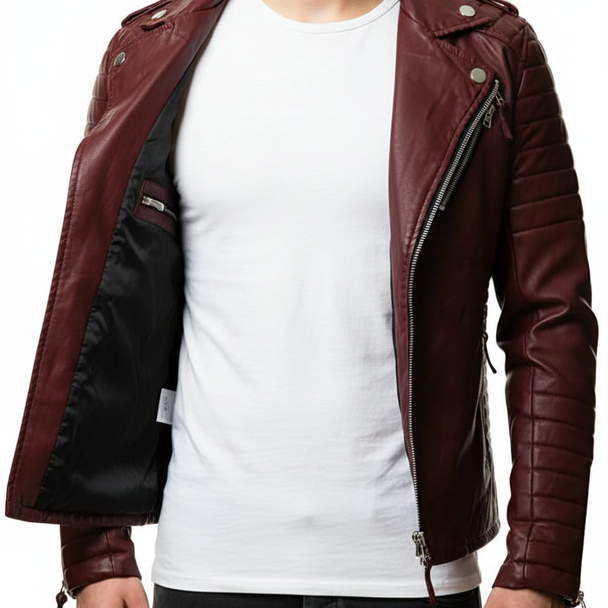 model-front-open - Men Maroon color Fashion leather Jacket, quilted leather jacket