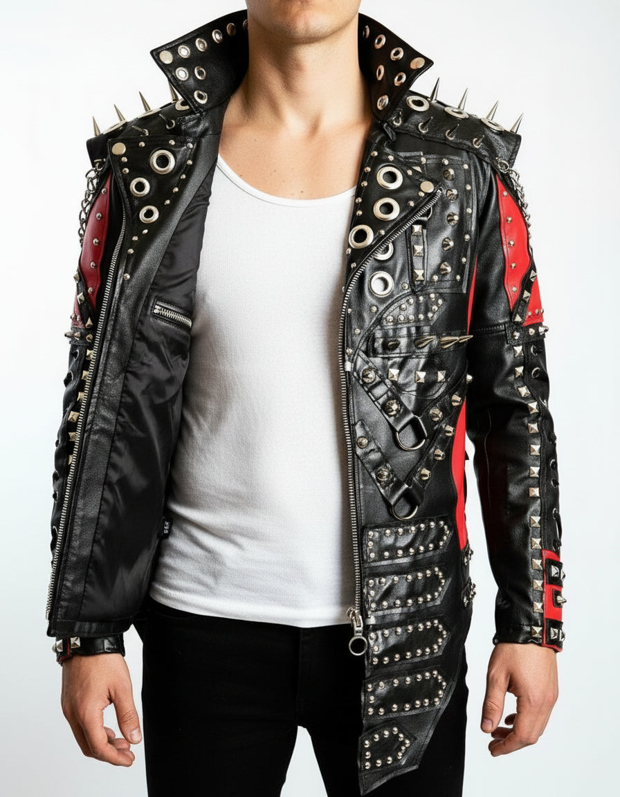 model-front-open - Men Red and Black Gothic studded leather jacket, Men studded jacket