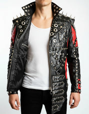 model-front-open - Men Red and Black Gothic studded leather jacket, Men studded jacket