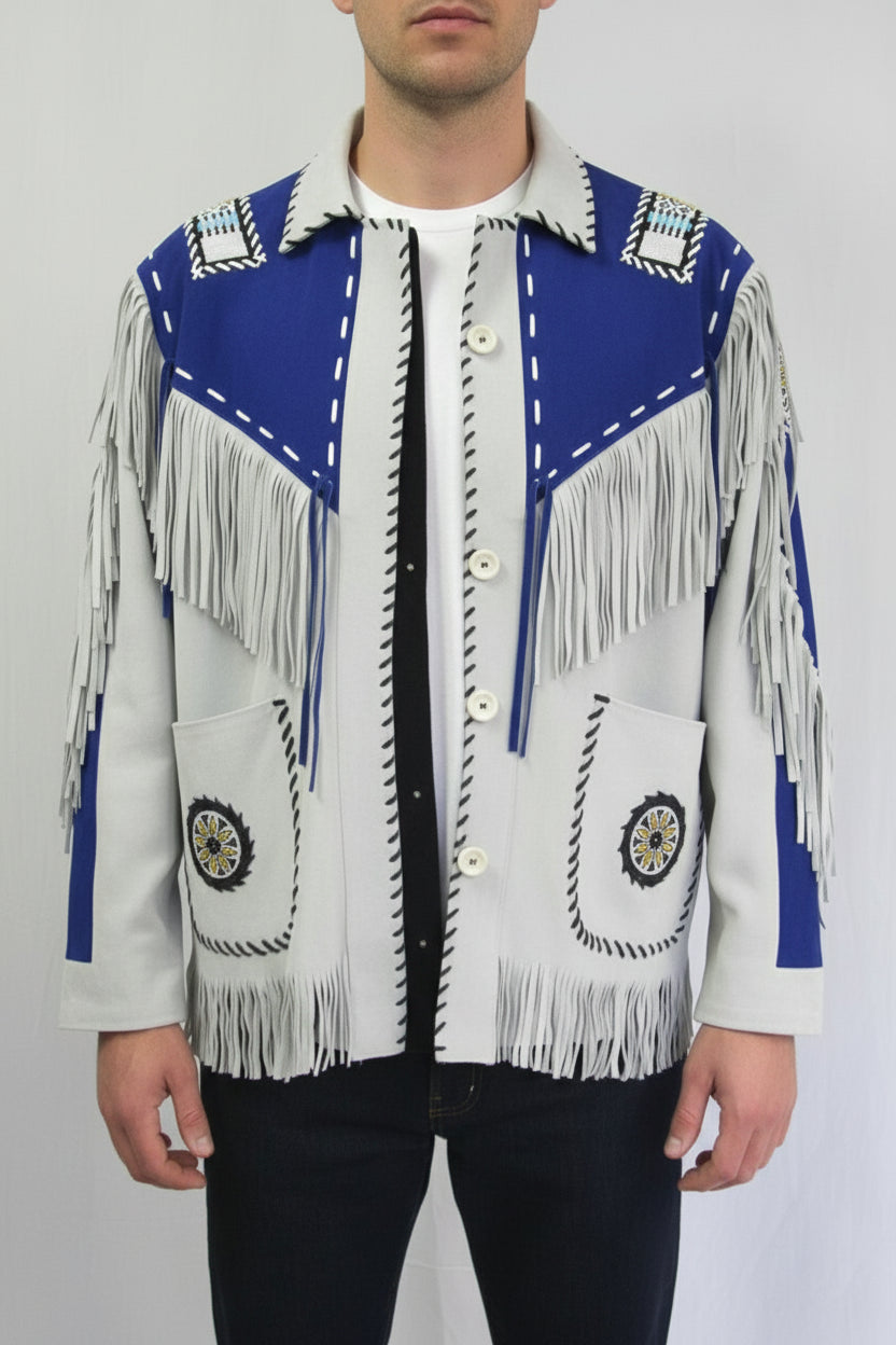model-front-open - Men Western Leather Jacket Wear Fringes Beads Native American Cowboy Coat