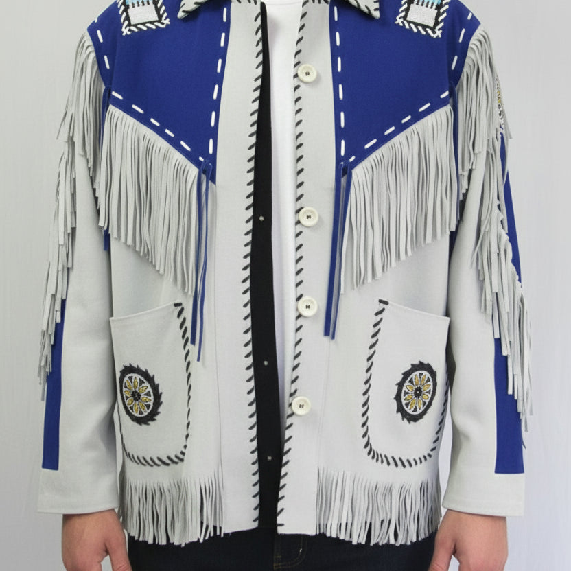 model-front-open - Men Western Leather Jacket Wear Fringes Beads Native American Cowboy Coat