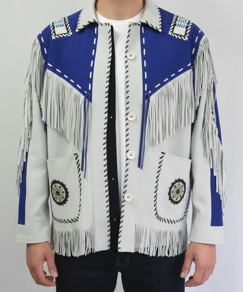 model-front-open - Men Western Leather Jacket Wear Fringes Beads Native American Cowboy Coat