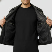 model-front-open - Men's Black Biker Leather Jacket with Multi Pockets