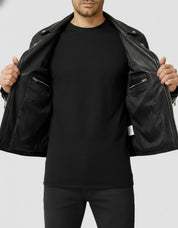 model-front-open - Men's Black Biker Leather Jacket with Multi Pockets