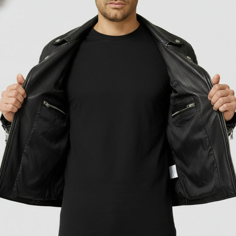 model-front-open - Men's Black Biker Leather Jacket with Multi Pockets