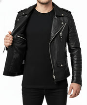 model-front-open - Men's Black Leather Biker Jacket for Motorcycle Riders