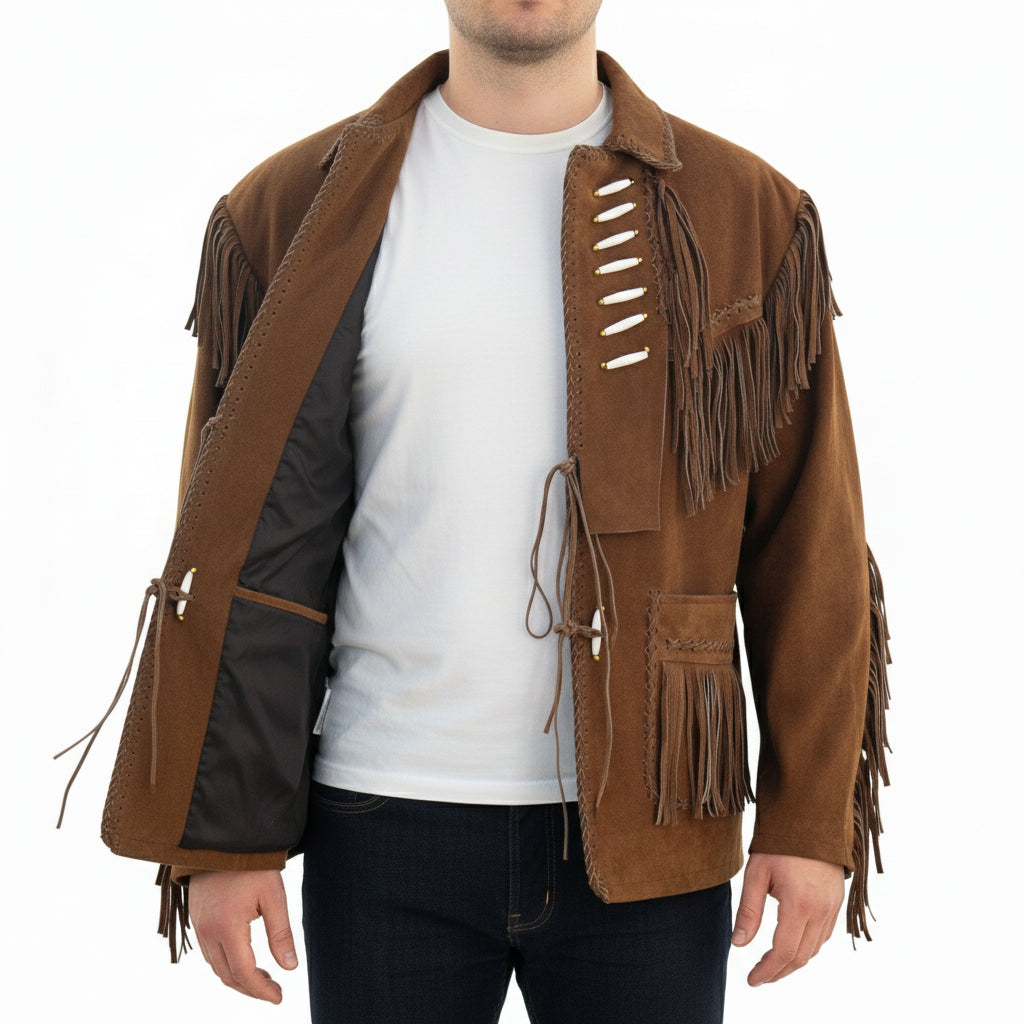 model-front-open - Men's Brown Suede Western Jacket with Fringes and Beadwork