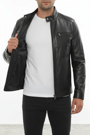 model-front-open - Men's Cafe Racer Leather Jacket, Smooth Leather Biker Jacket, Men's Motorcycle Jacket, Leather Moto Jacket