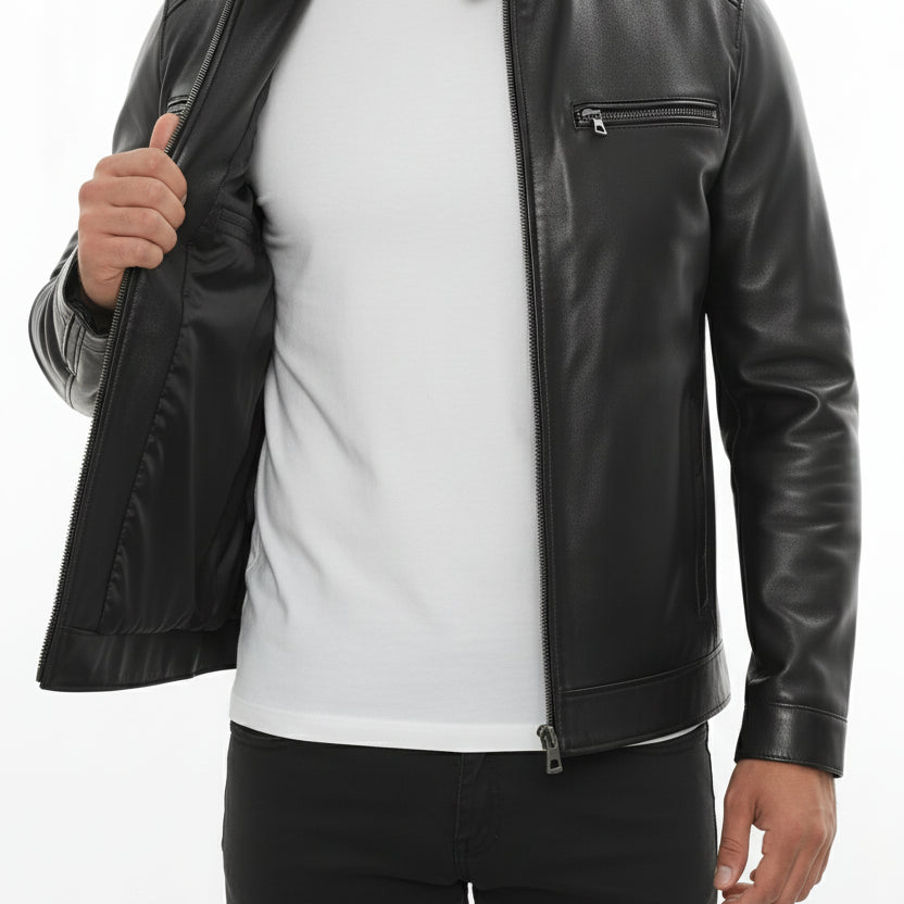 model-front-open - Men's Cafe Racer Leather Jacket, Smooth Leather Biker Jacket, Men's Motorcycle Jacket, Leather Moto Jacket