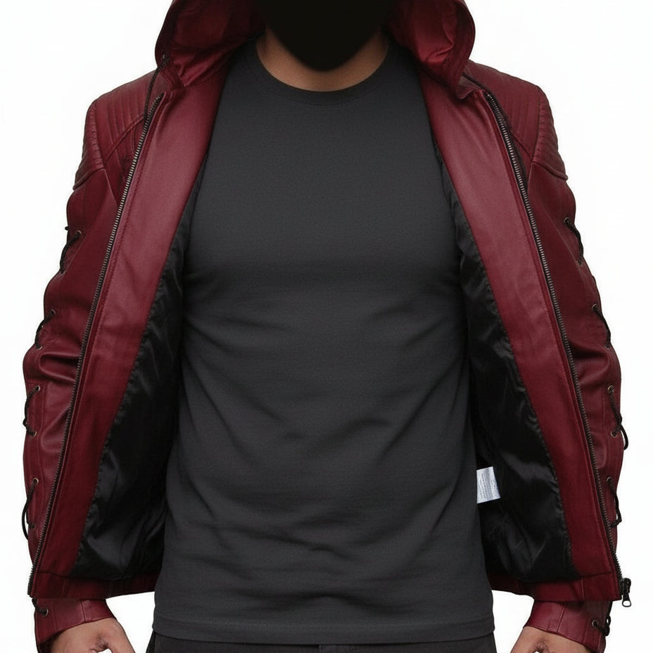 model-front-open - Men's Hooded Leather Jacket with Custom Tailoring