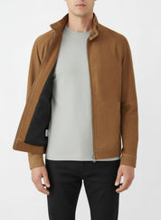 model-front-open - Men's Racer Suede Jacket, Men's Suede Jacket, Racer Style Jacket, Lightweight Suede Jacket